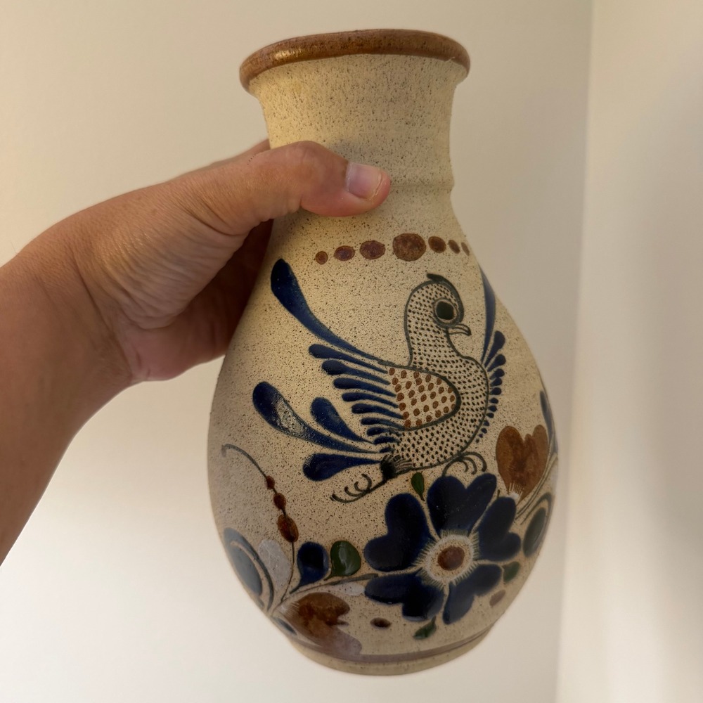 Vintage Tonala Mexico Stoneware Pottery Vase Folk Art Bird Floral Hand Painted